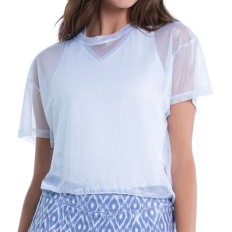 Women's Lucky in Love Ikat Pearlized Mesh Short Sleeve Top